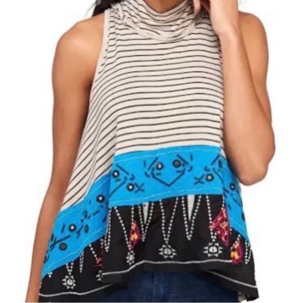 Free People We The Free Striped Tank Top with Blue and Black Accents medium